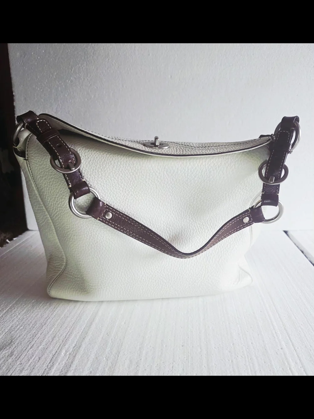 Coach White Pebbled Leather Shoulder Bag with Front Pocket